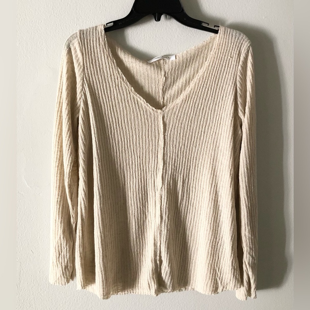 Project Social T Cream Ribbed V-Neck Long Sleeve Top Minimalist Fall